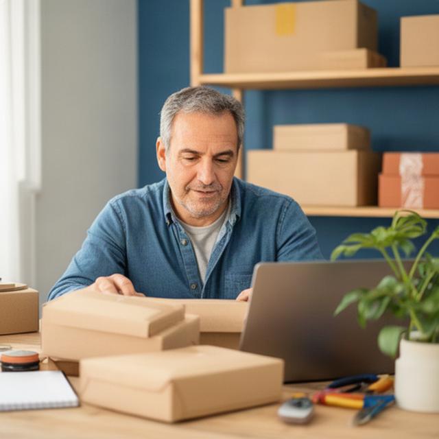 Emprendedor de 50 años revisando pedidos de una tienda online en su espacio de trabajo en Cantabria